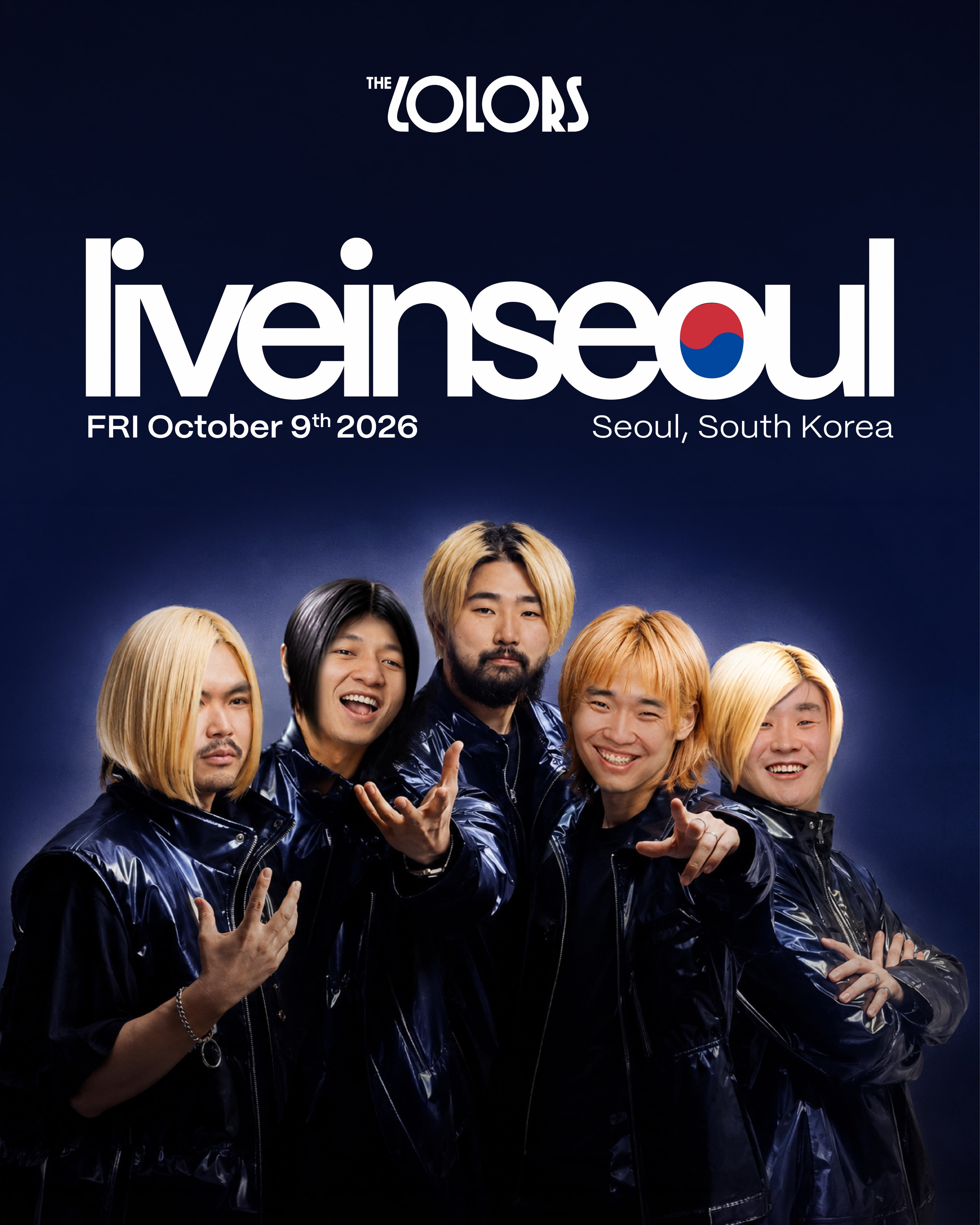 Official blue THE COLORS liveinseoul artwork featuring the five band members and Seoul event identity