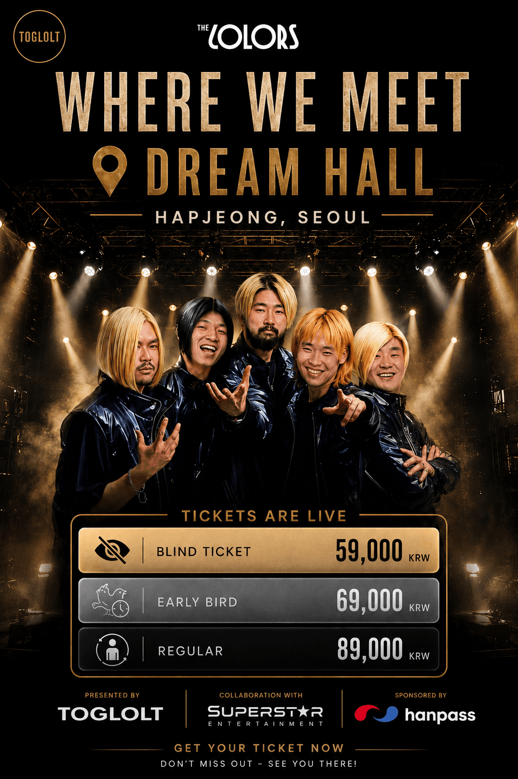 Official black and gold WHERE WE MEET at Dream Hall ticket poster for THE COLORS live in Seoul